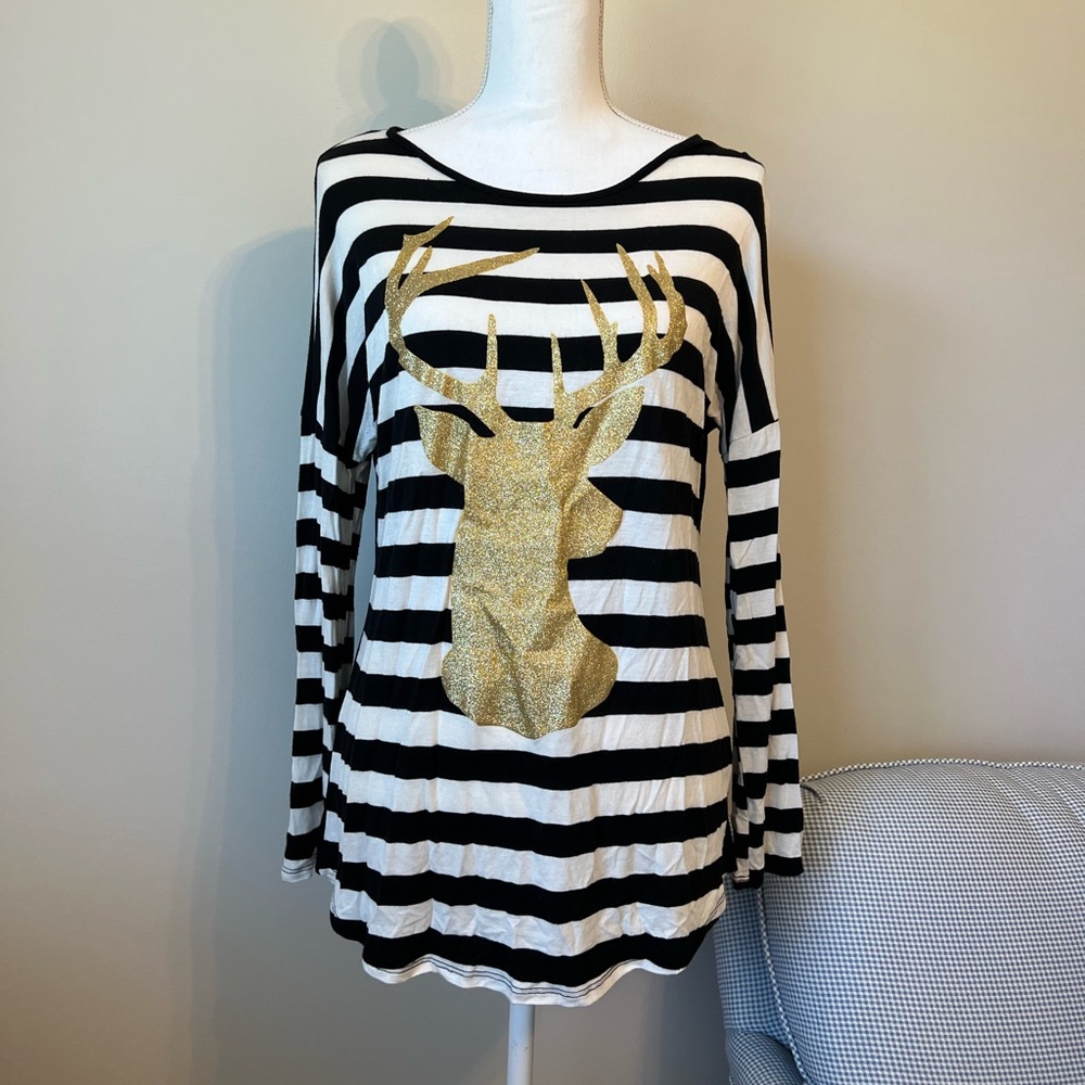First Look Top Black & White Striped with Gold Glitter Deer Applique Size Large